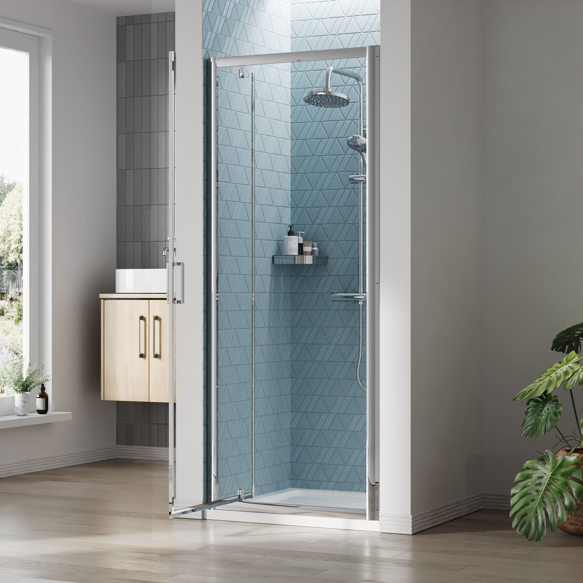 [BEETPD80] Almington 6mm Toughened Safety Glass Reversible Pivot Shower Door - H: 1900mm - Choice of Size and Profile Finish - Lifestyle 2