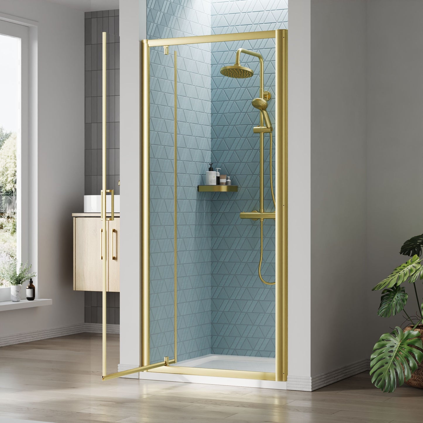 [BEETPD90BB] Almington 6mm Toughened Safety Glass Reversible Pivot Shower Door - H: 1900mm - Choice of Size and Profile Finish - Lifestyle 2