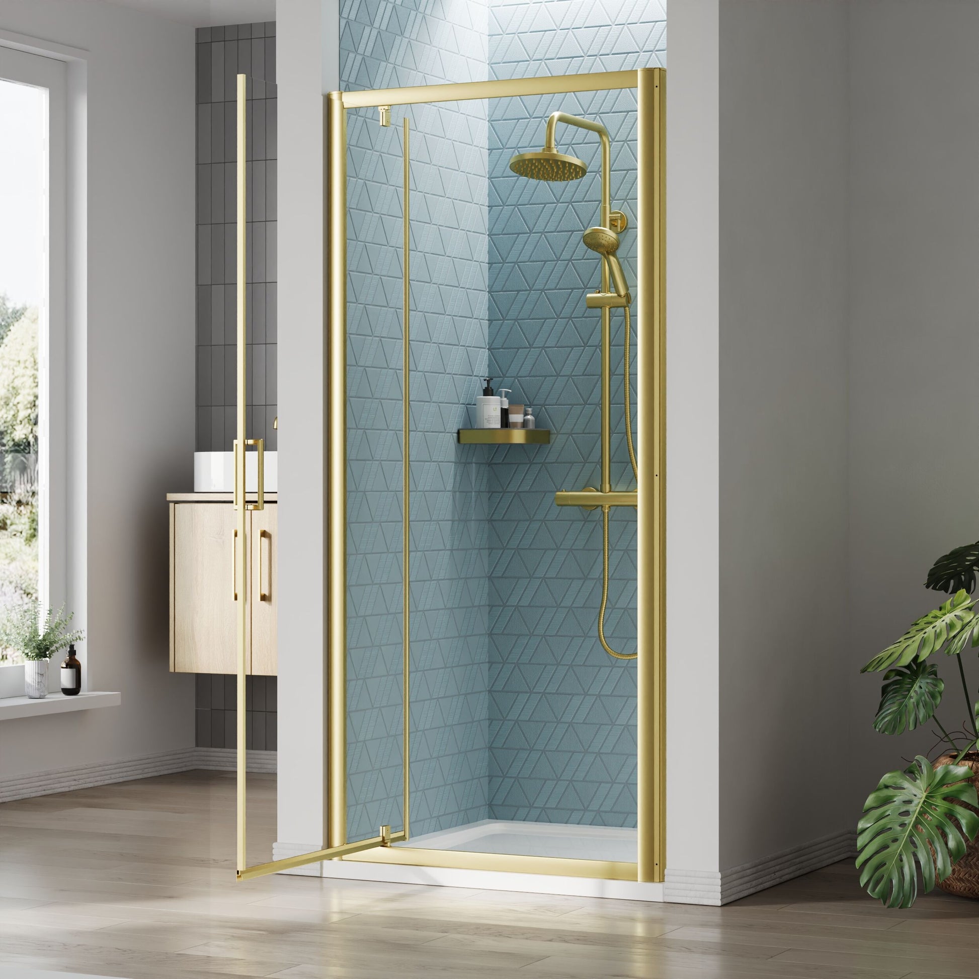 [BEETPD90BB] Almington 6mm Toughened Safety Glass Reversible Pivot Shower Door - H: 1900mm - Choice of Size and Profile Finish - Lifestyle 2