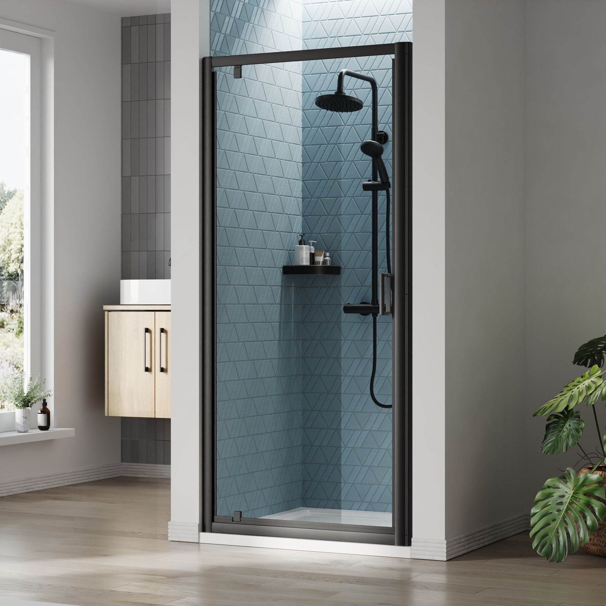 [BEETPD90BP] Almington 6mm Toughened Safety Glass Reversible Pivot Shower Door - H: 1900mm - Choice of Size and Profile Finish - Lifestyle 1
