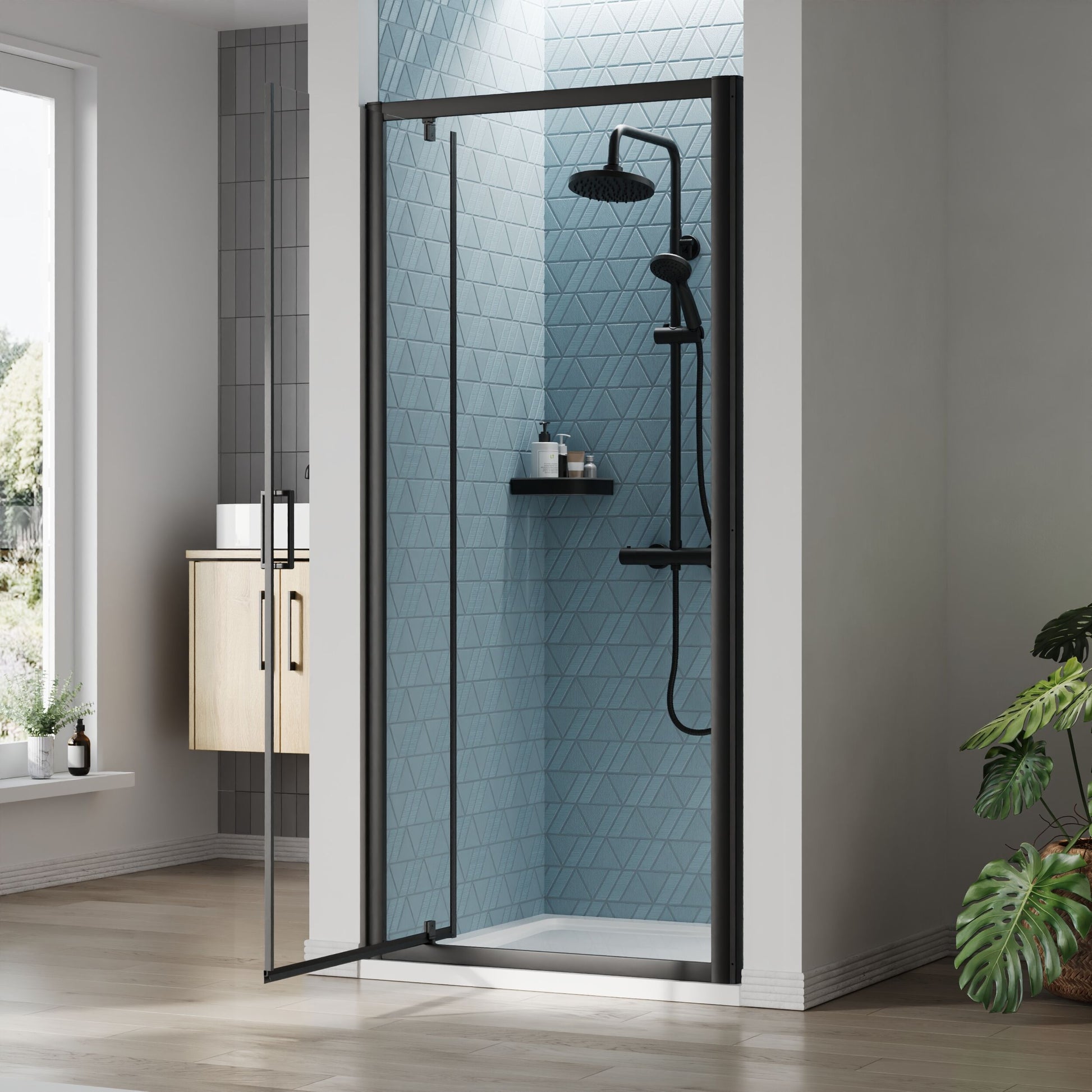 [BEETPD90BP] Almington 6mm Toughened Safety Glass Reversible Pivot Shower Door - H: 1900mm - Choice of Size and Profile Finish - Lifestyle 2