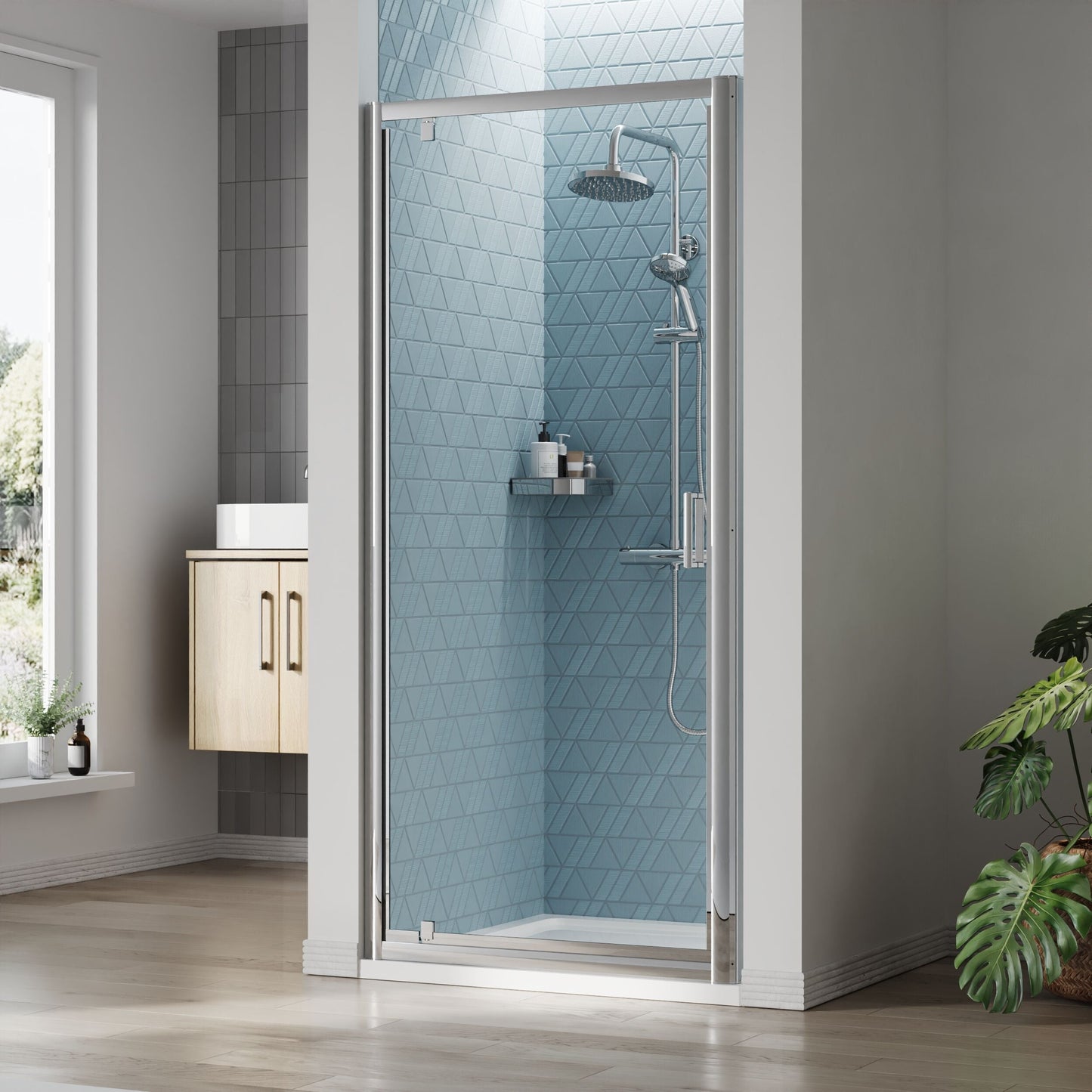 [BEETPD90] Almington 6mm Toughened Safety Glass Reversible Pivot Shower Door - H: 1900mm - Choice of Size and Profile Finish - Lifestyle 1