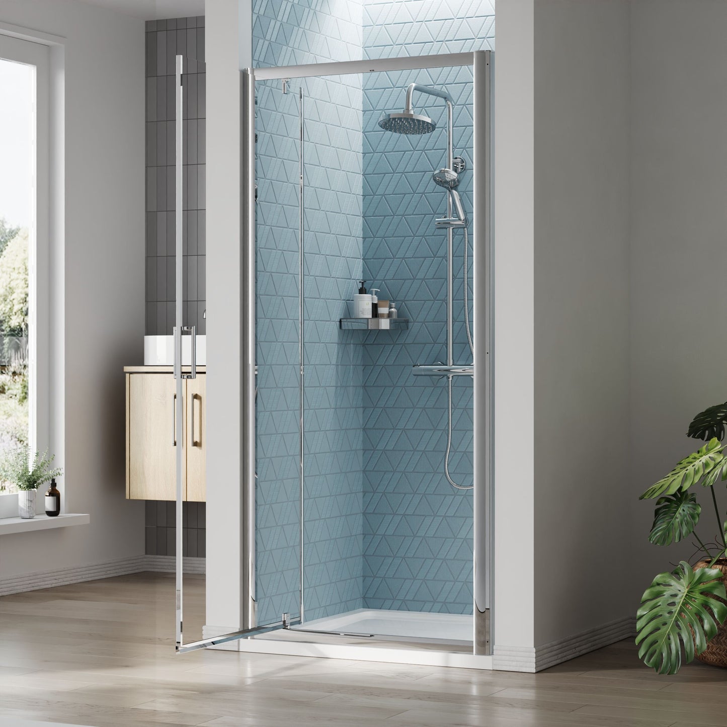 [BEETPD90] Almington 6mm Toughened Safety Glass Reversible Pivot Shower Door - H: 1900mm - Choice of Size and Profile Finish - Lifestyle 2