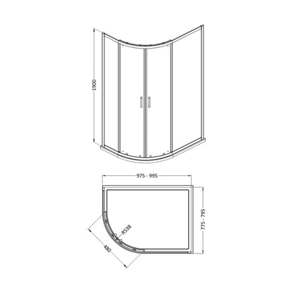 [BEETQ108BB] 1900 x 1000 x 800mm Offset Quadrant - Technical Drawing