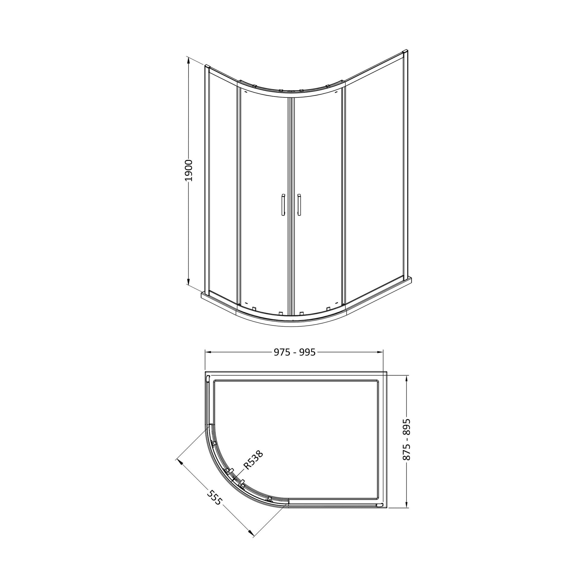 [BEETQ109] 1900 x 1000 x 900mm Offset Quadrant - Technical Drawing