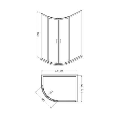 [BEETQ109] 1900 x 1000 x 900mm Offset Quadrant - Technical Drawing