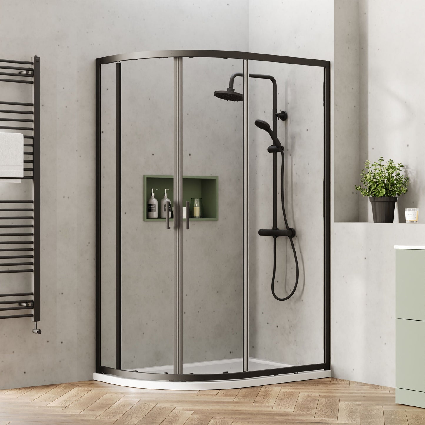 [BEETQ128BP] Almington 6mm Toughened Safety Glass Offset Quadrant Shower Enclosure - H: 1900mm - Choice of Profile Finish - Lifestyle 1