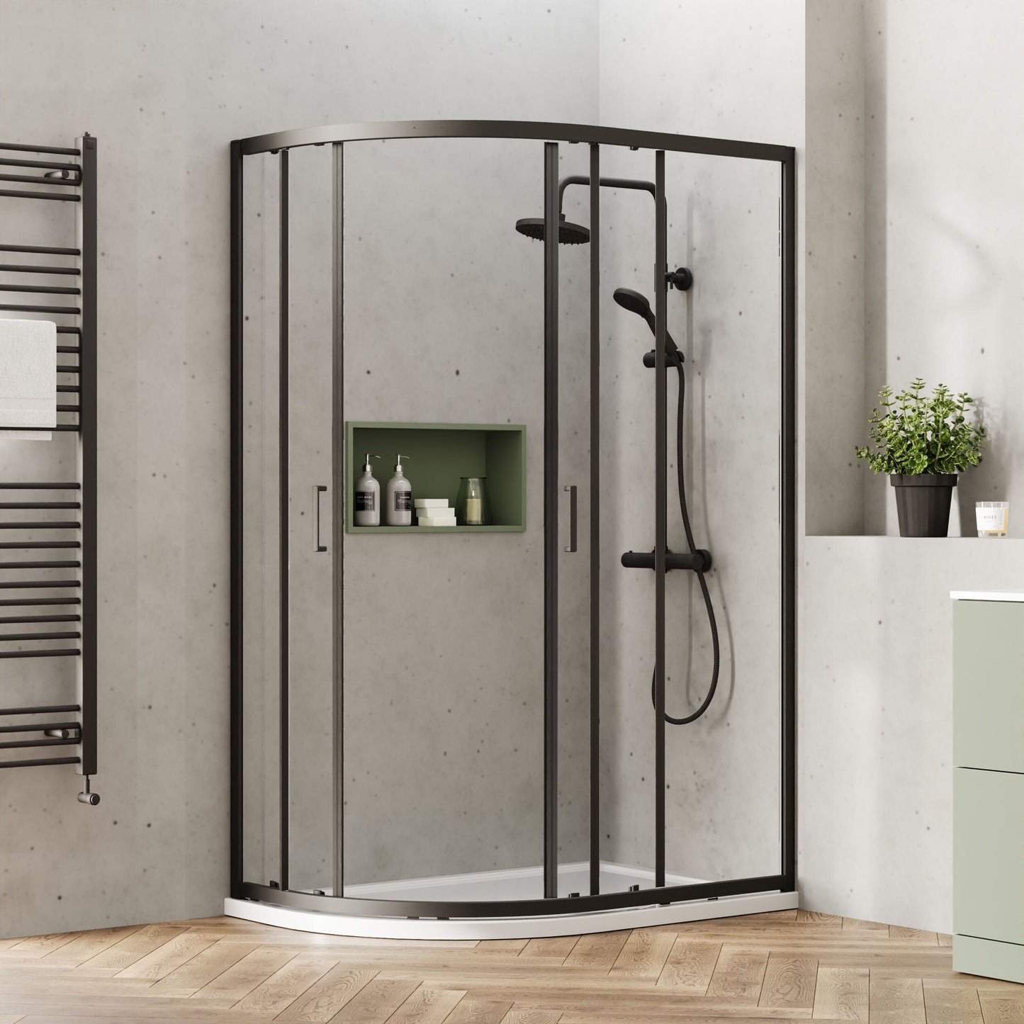 [BEETQ128BP] Almington 6mm Toughened Safety Glass Offset Quadrant Shower Enclosure - H: 1900mm - Choice of Profile Finish - Lifestyle 2