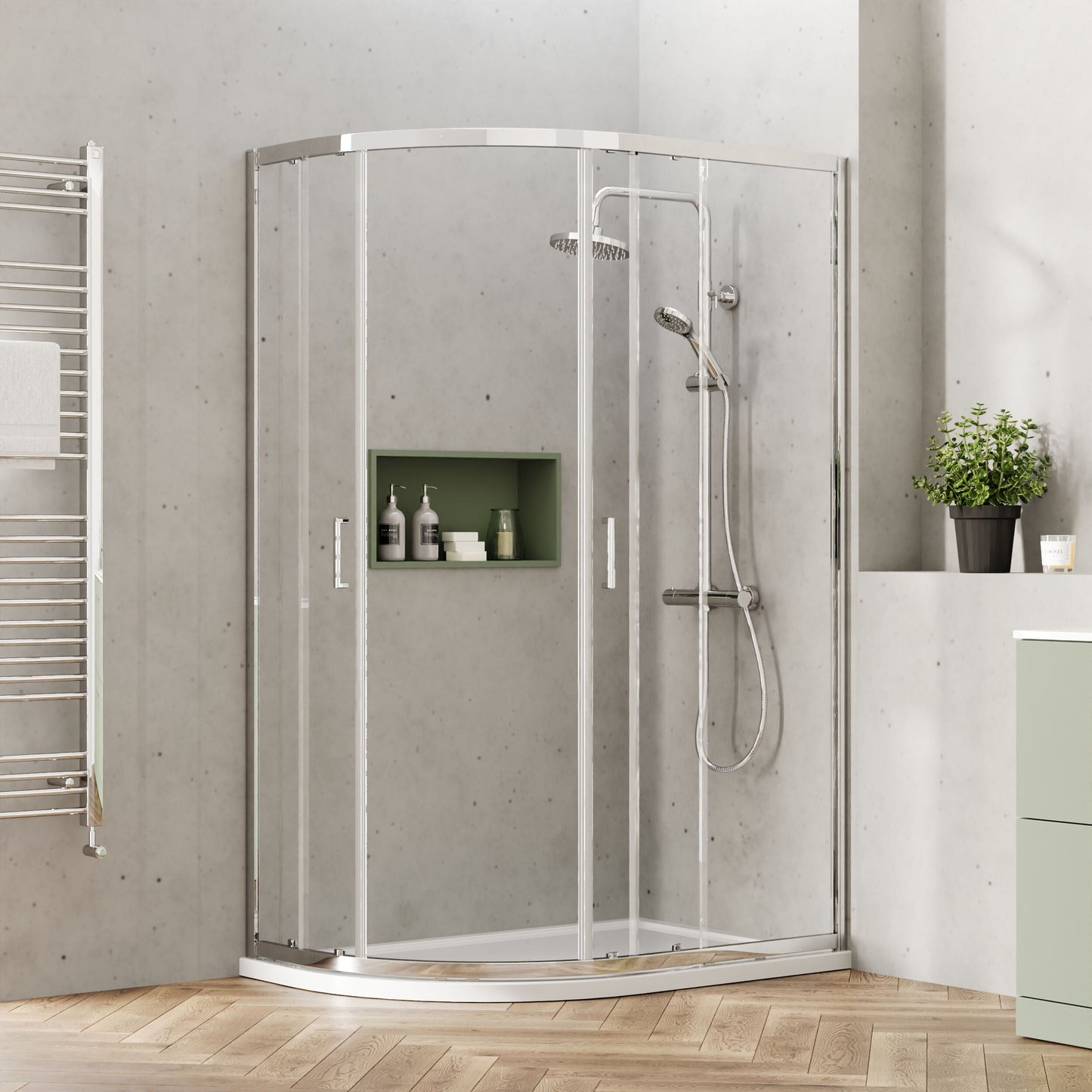 [BEETQ128] Almington 6mm Toughened Safety Glass Offset Quadrant Shower Enclosure - H: 1900mm - Choice of Profile Finish - Lifestyle 2