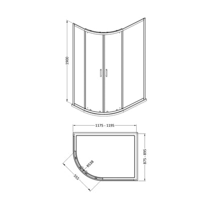 [BEETQ129BP] Almington 6mm Toughened Safety Glass Offset Quadrant Shower Enclosure - H: 1900mm - Choice of Profile Finish - Technical Drawing