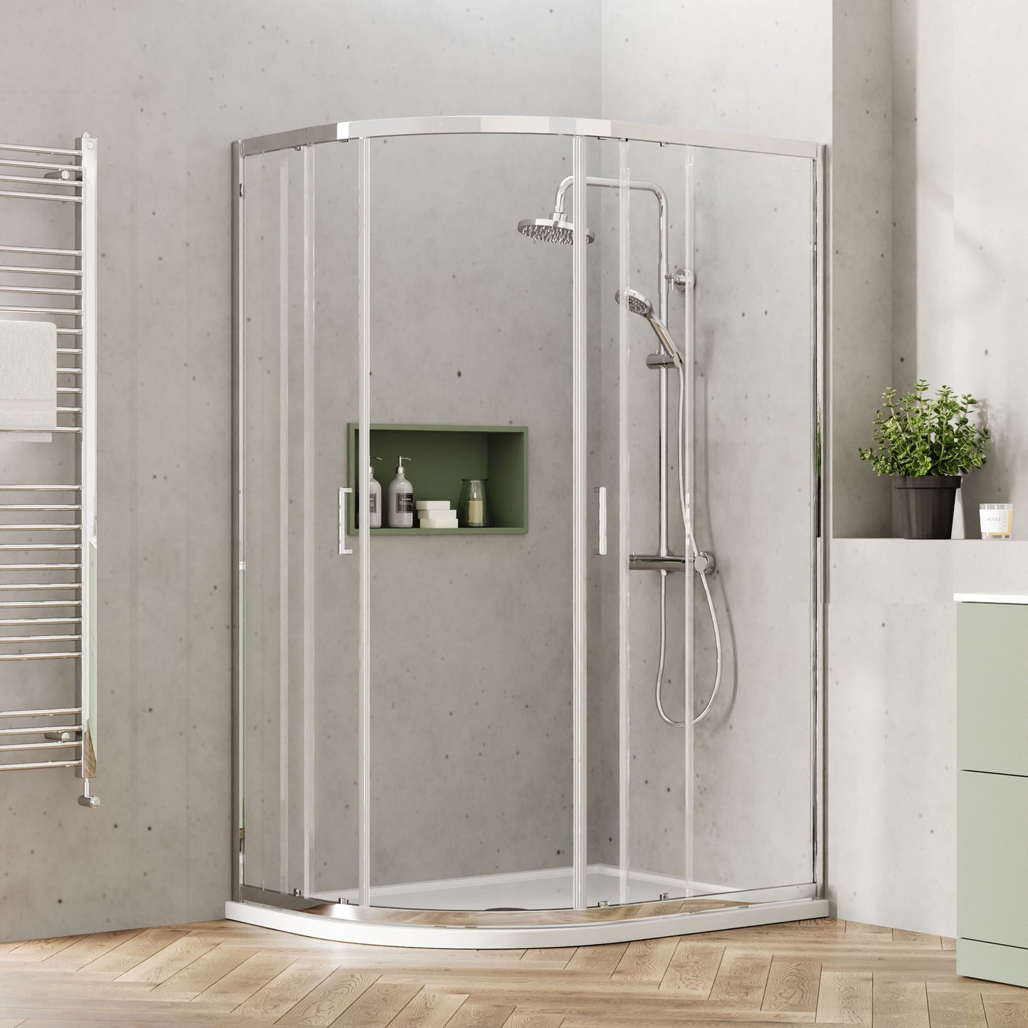 [BEETQ129] Almington 6mm Toughened Safety Glass Offset Quadrant Shower Enclosure - H: 1900mm - Choice of Profile Finish - Lifestyle 1