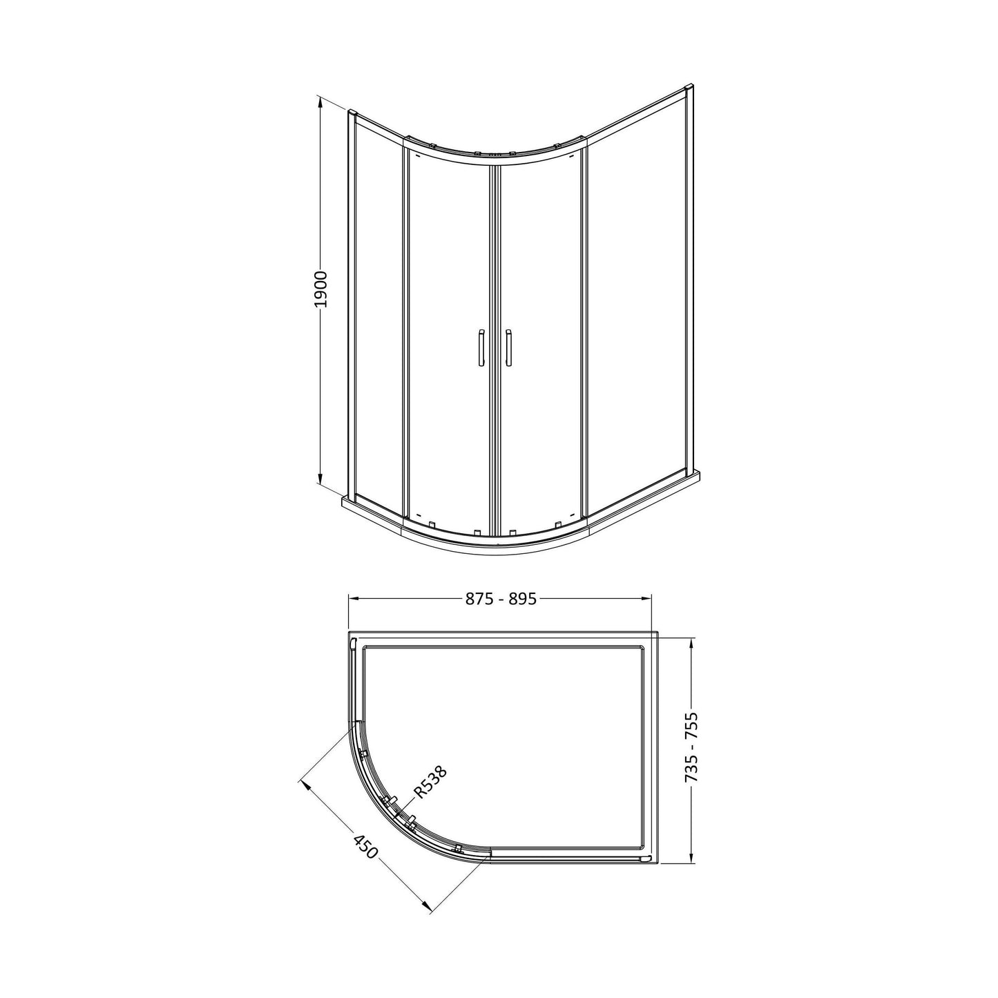 [BEETQ769BB] 1900 x 900 x 760mm Offset Quadrant - Technical Drawing