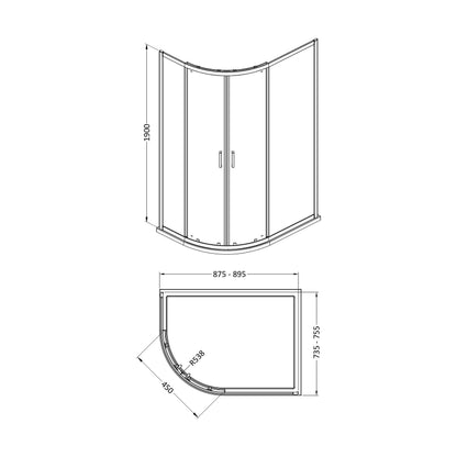 [BEETQ769] 1900 x 900 x 760mm Offset Quadrant - Technical Drawing