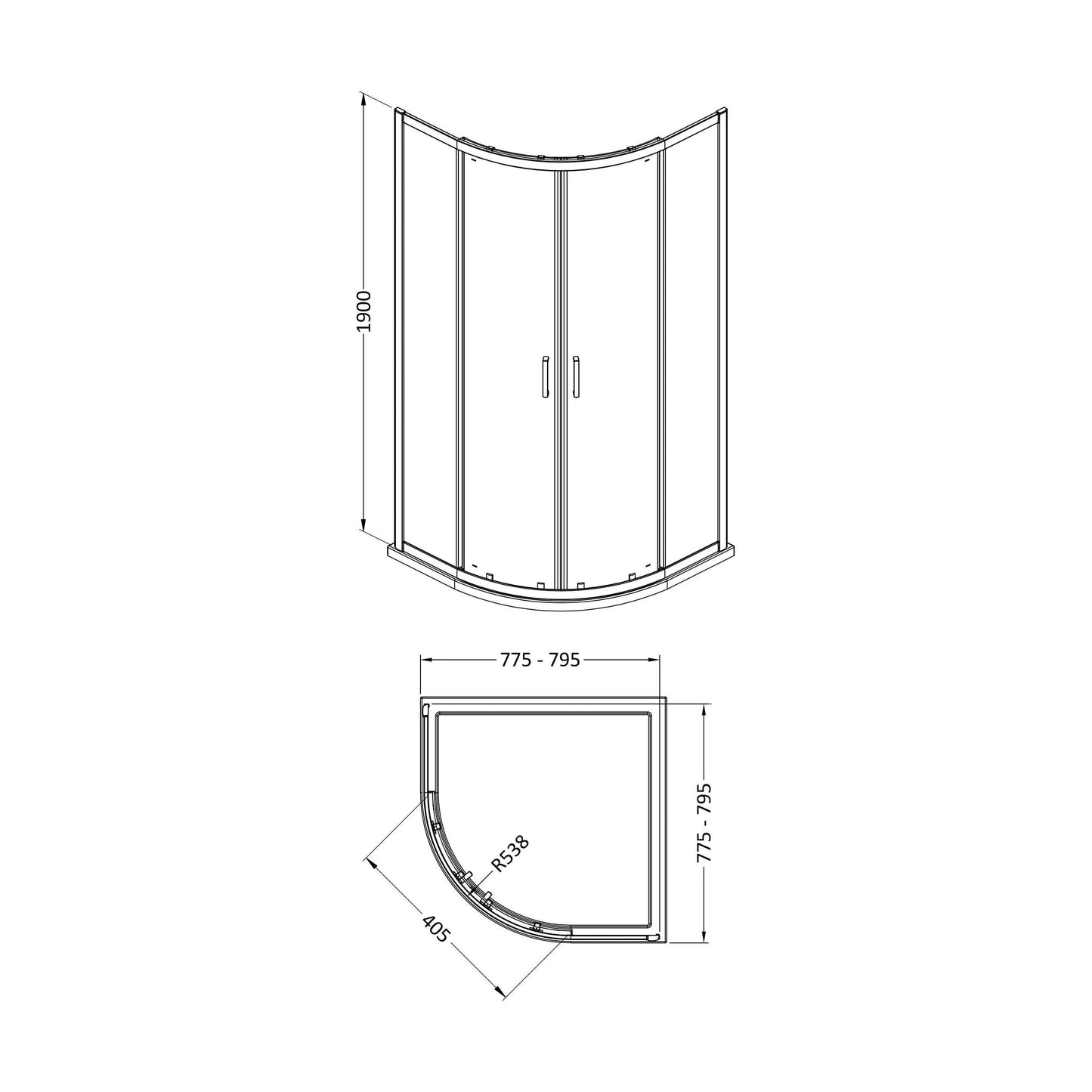[BEETQ80GM] 800 x 800 x 1900mm Quadrant Enclosure - Technical Drawing