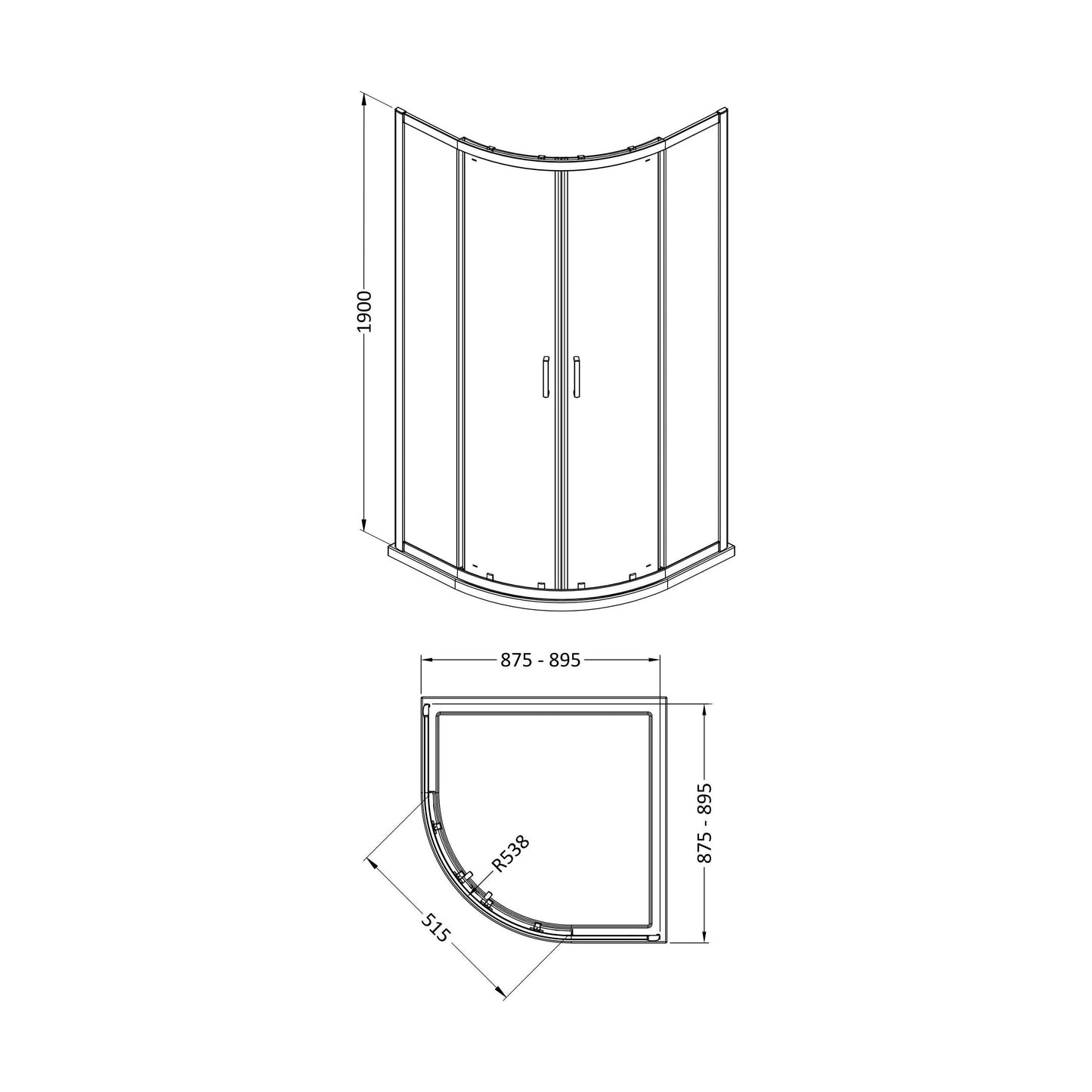 [BEETQ90] Almington 6mm Toughened Safety Glass Quadrant Shower Enclosure - H: 1900mm - Choice of Size and Profile Finish - Technical Drawing