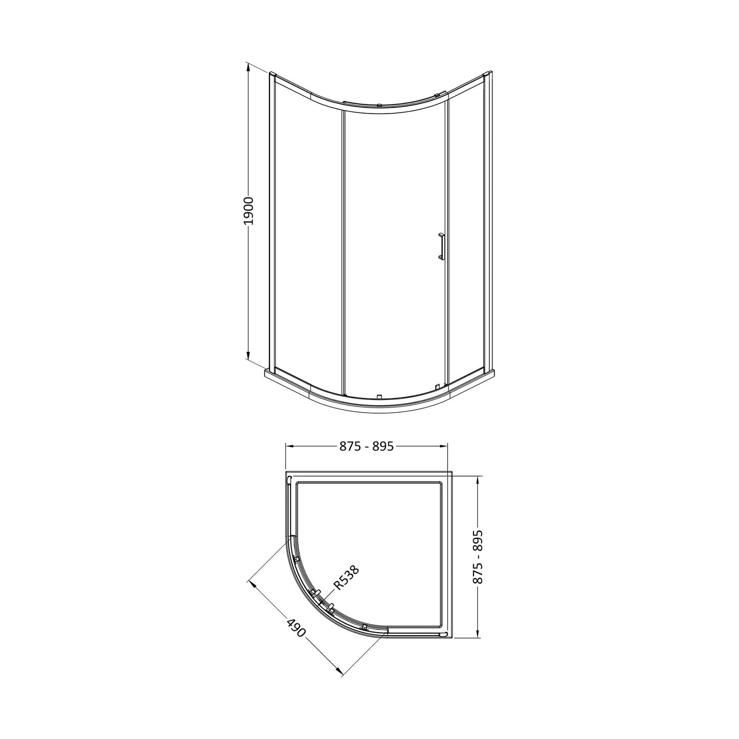 [BEETQ9E1BB] 1900 x 900 x 900mm Quadrant - Technical Drawing