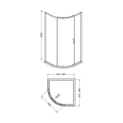 [BEETQ9E1GM] 900 x 900 x 1900mm Single Door Quadrant - Technical Drawing