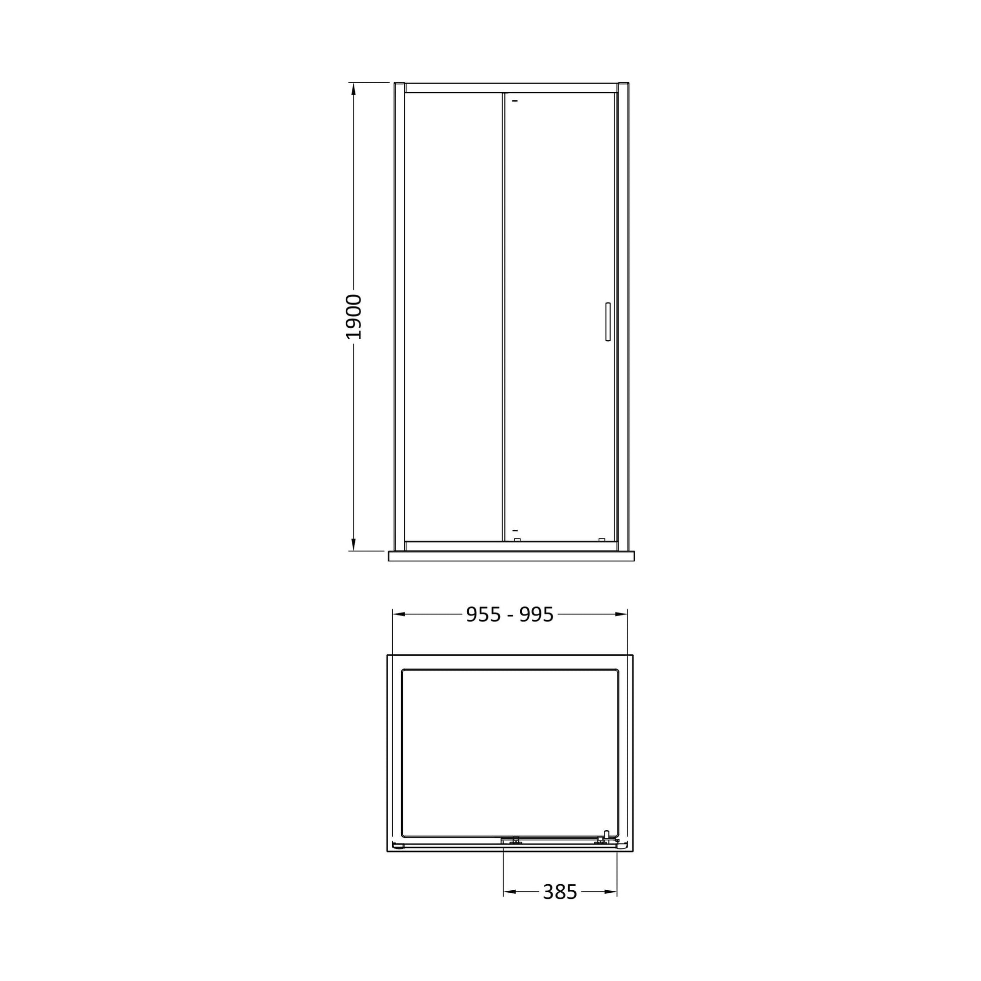 [BEETSL10BP] Almington 6mm Toughened Safety Glass Sliding Shower Door - H: 1900mm - Choice of Profile Finish - Technical Drawing