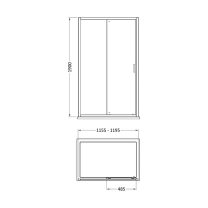 [BEETSL12] Almington 6mm Toughened Safety Glass Sliding Shower Door - H: 1900mm - Choice of Profile Finish - Technical Drawing