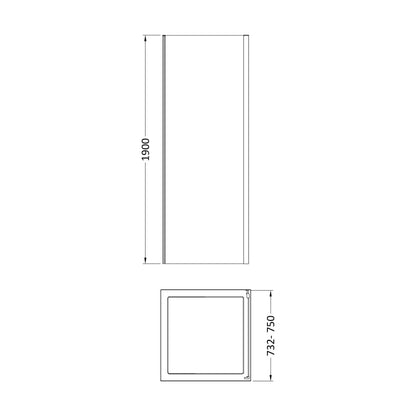 [BEETSP76BB] Almington 6mm Toughened Safety Glass Shower Side Panel - H: 1900mm - Choice of Size and Finish - Technical Drawing