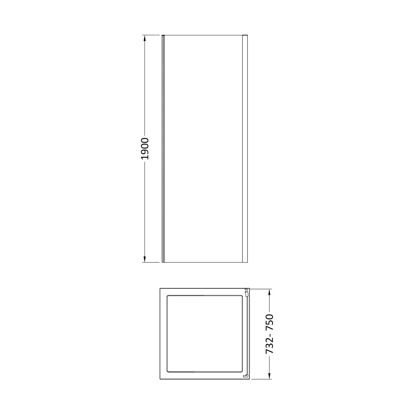[BEETSP76] Almington 6mm Toughened Safety Glass Shower Side Panel - H: 1900mm - Choice of Size and Finish - Technical Drawing