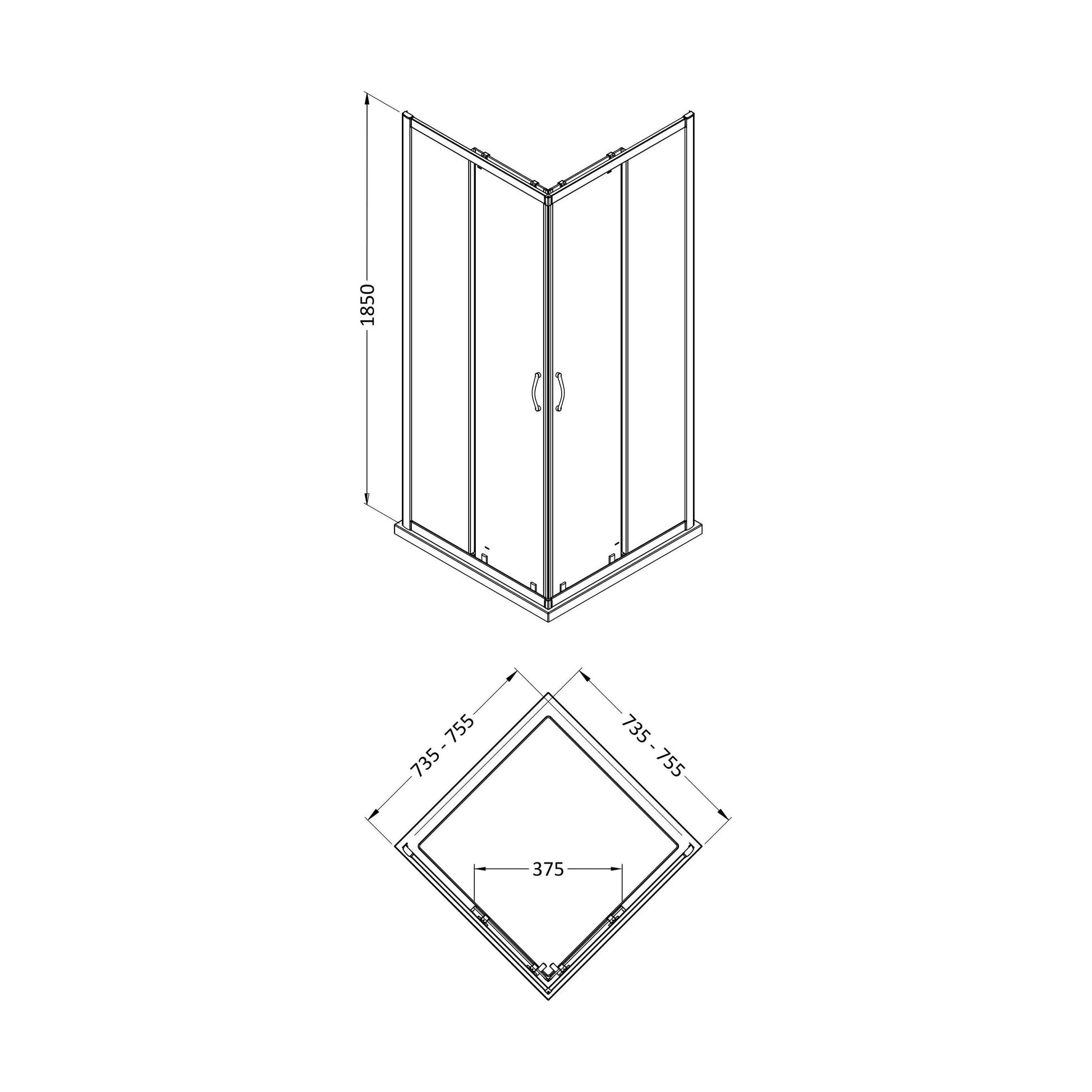 [BEETSQCE76] 1850x760mm Corner Entry Shower Enclosure - Technical Drawing