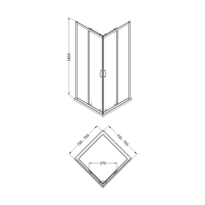 [BEETSQCE76] 1850x760mm Corner Entry Shower Enclosure - Technical Drawing