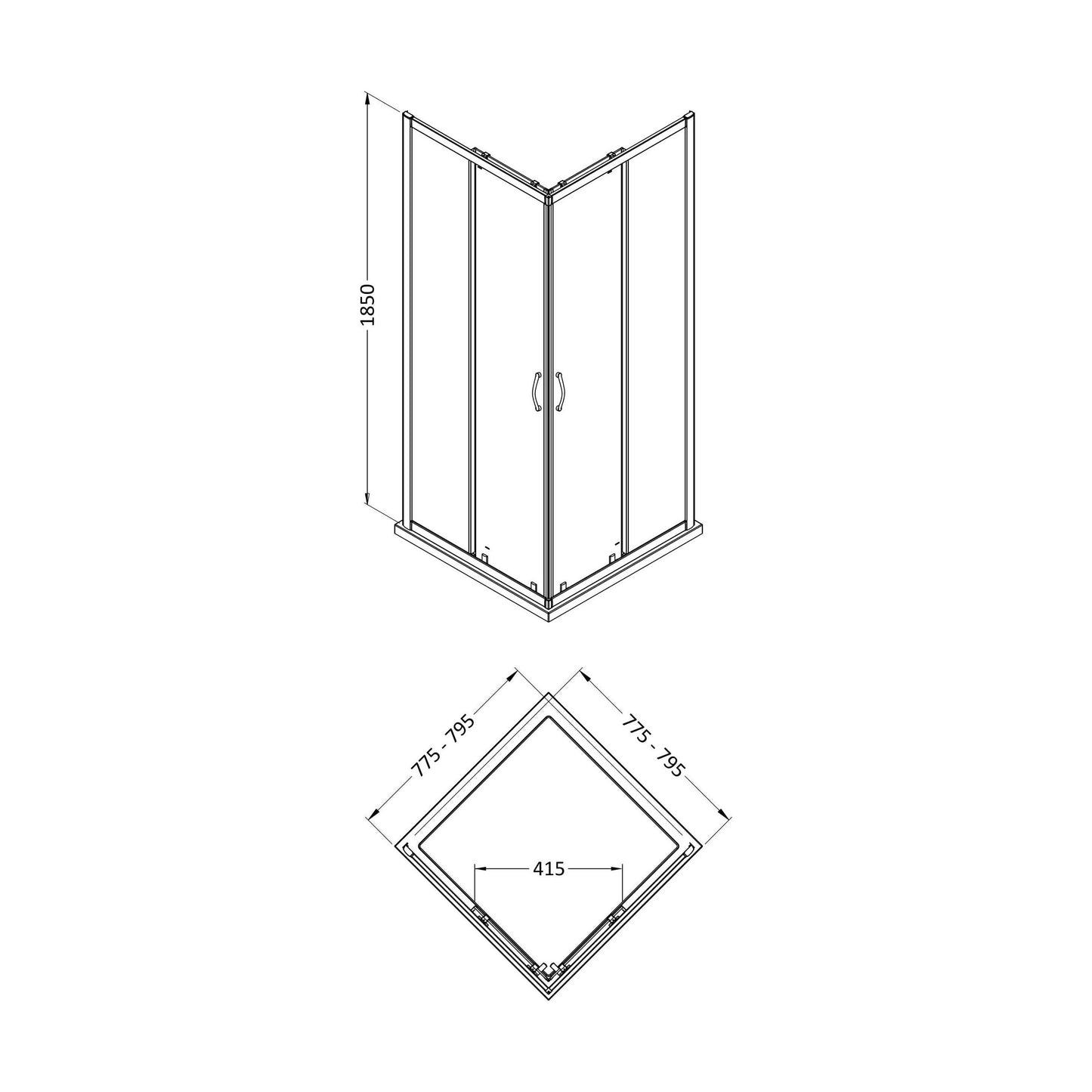 [BEETSQCE80] 1850x800mm Corner Entry Shower Enclosure - Technical Drawing