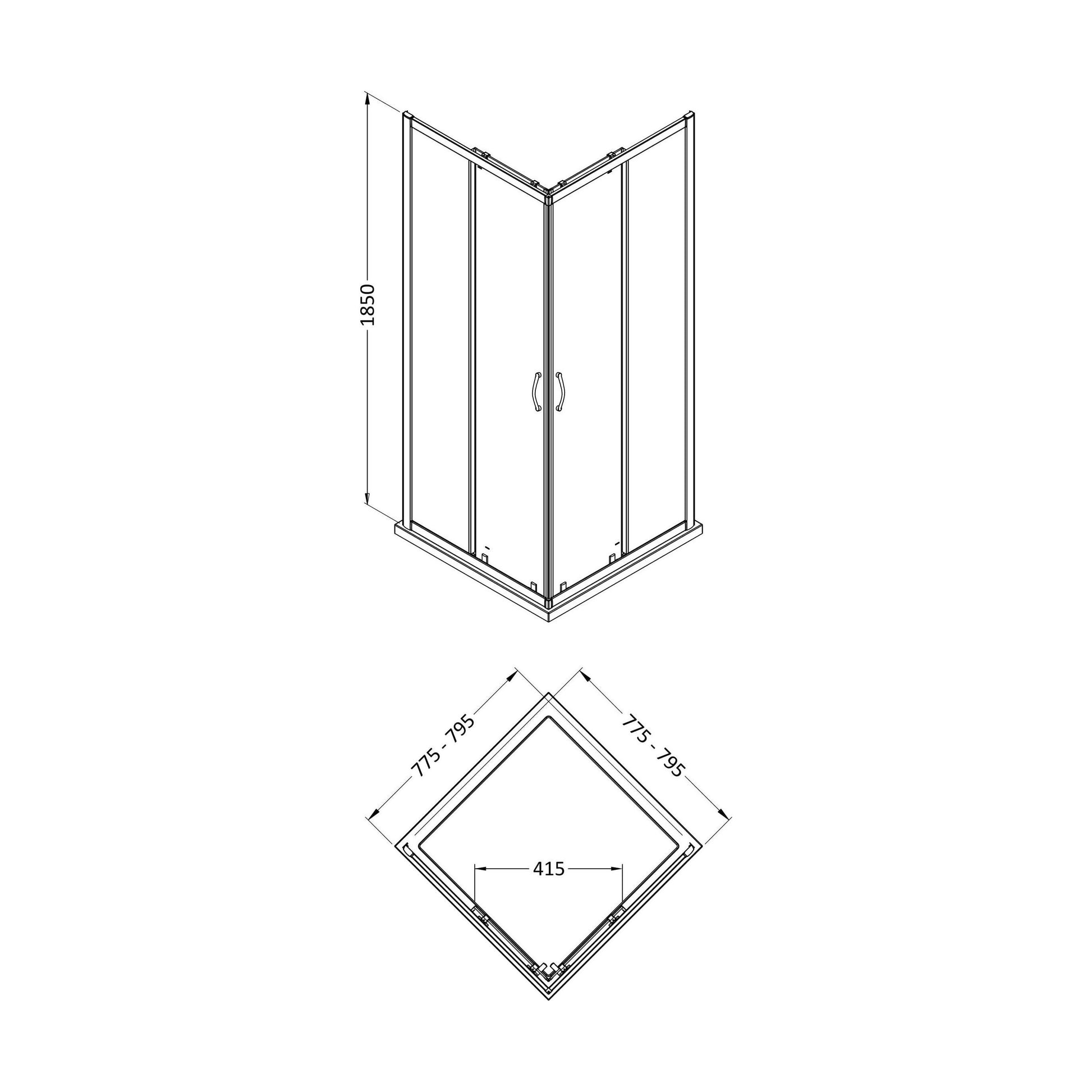[BEETSQCE80] 1850x800mm Corner Entry Shower Enclosure - Technical Drawing