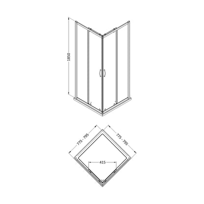 [BEETSQCE80] 1850x800mm Corner Entry Shower Enclosure - Technical Drawing