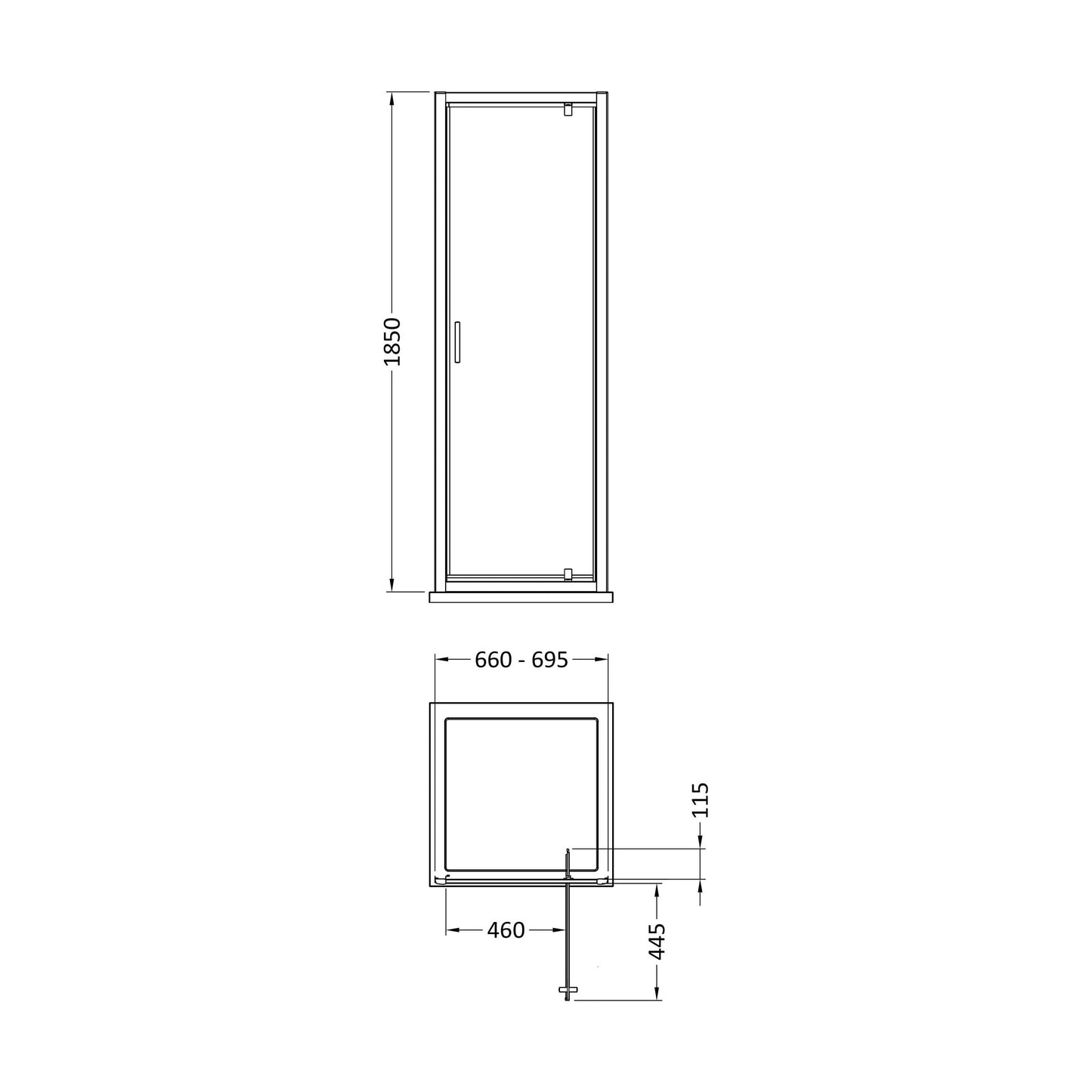 [BEETSQPD70] 1850x700mm Pivot Shower Door - Technical Drawing