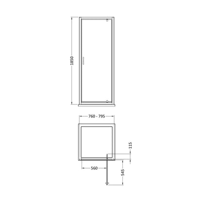 [BEETSQPD80] 1850x800mm Pivot Shower Door - Technical Drawing