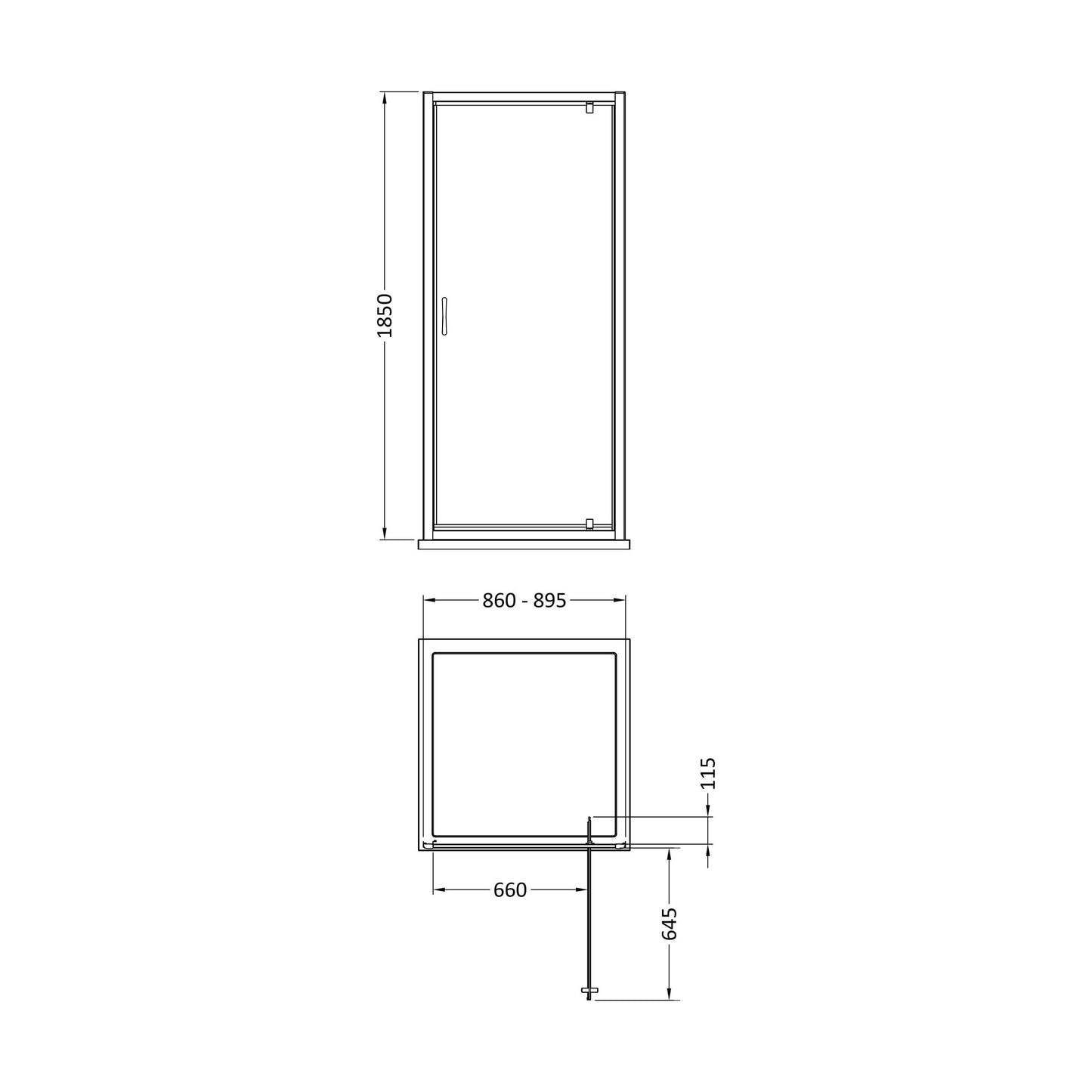 [BEETSQPD90] 1850x900mm Pivot Shower Door - Technical Drawing
