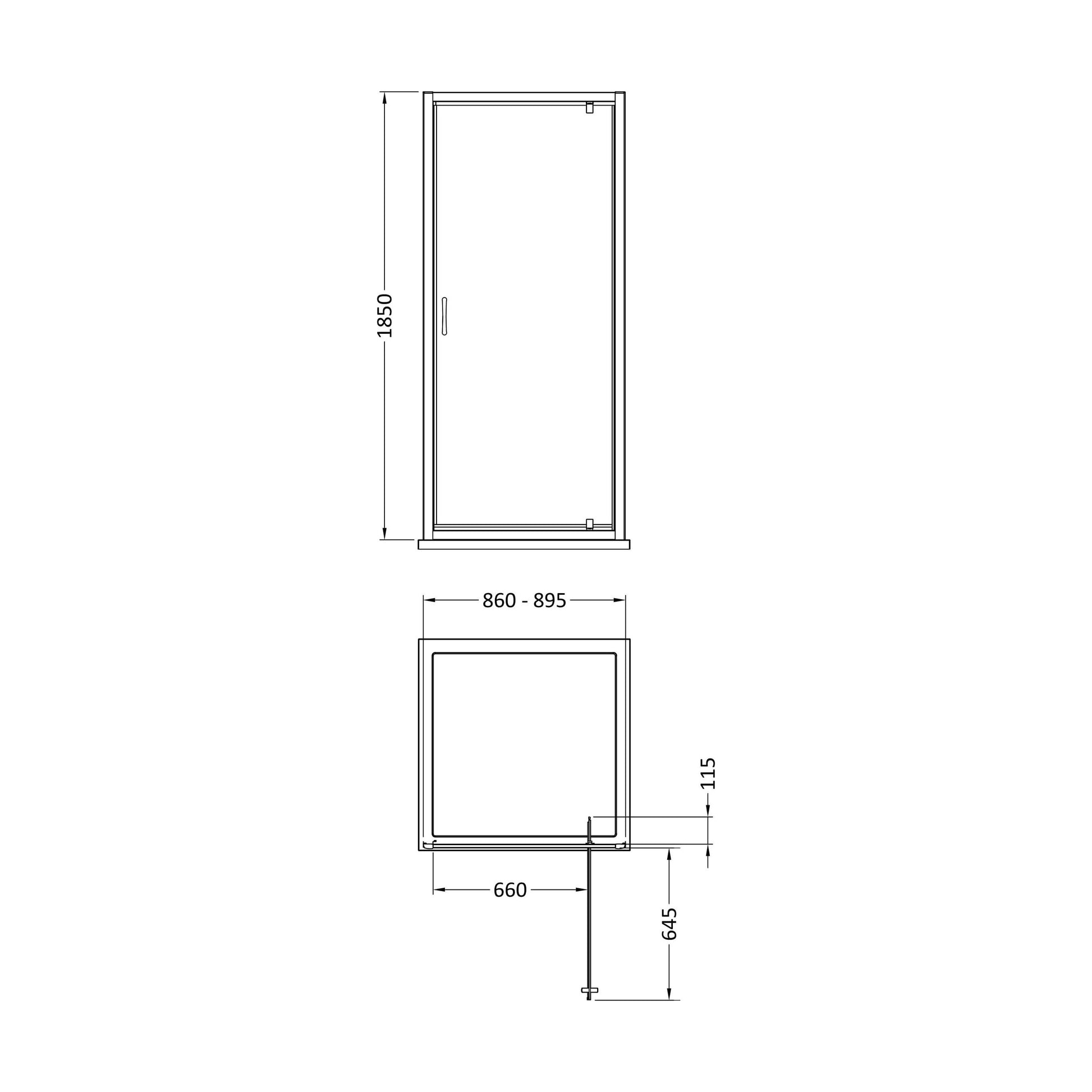 [BEETSQPD90] 1850x900mm Pivot Shower Door - Technical Drawing