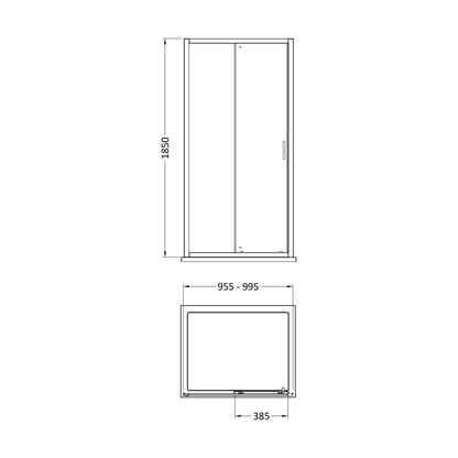 [BEETSQSL10] 1850x1000mm Sliding Shower Door - Technical Drawing