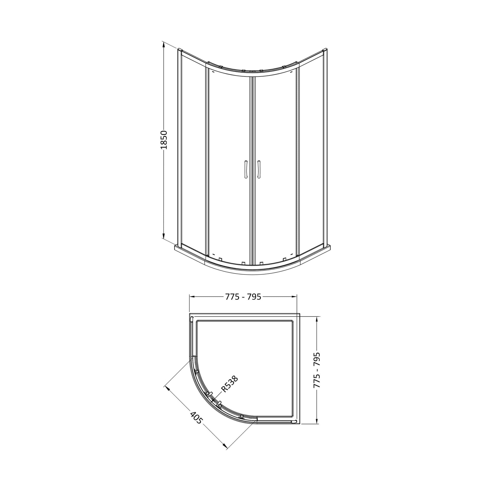[BEETSQU8] 1850x800mm Quadrant Shower Enclosure - Technical Drawing