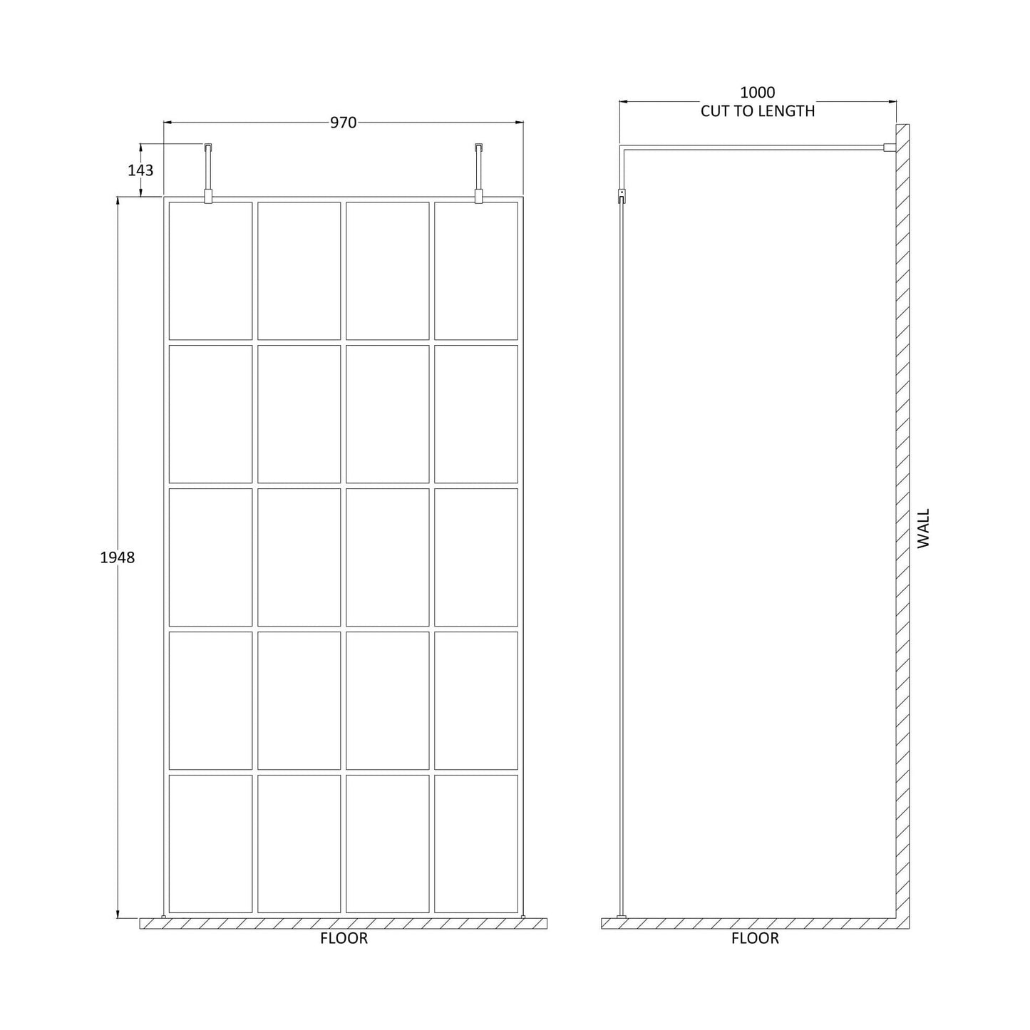 [BEFAF1000MB] Balterley Contemporary Bathroom 8mm Framed Wetroom Screen with Arms and Feet, Matt Black, 1950 x 700 x 14mm - Technical Drawing