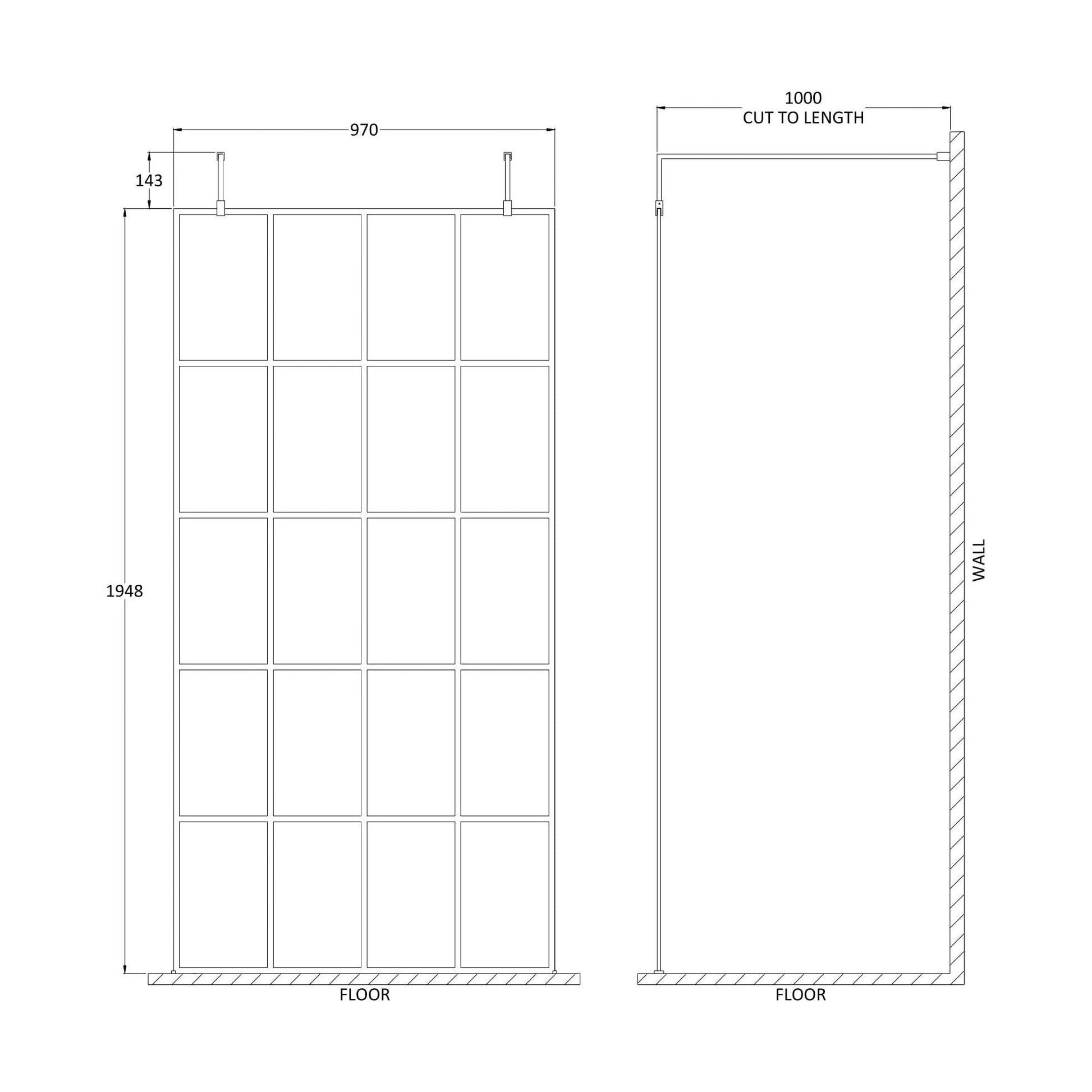 [BEFAF1000MB] Balterley Contemporary Bathroom 8mm Framed Wetroom Screen with Arms and Feet, Matt Black, 1950 x 700 x 14mm - Technical Drawing