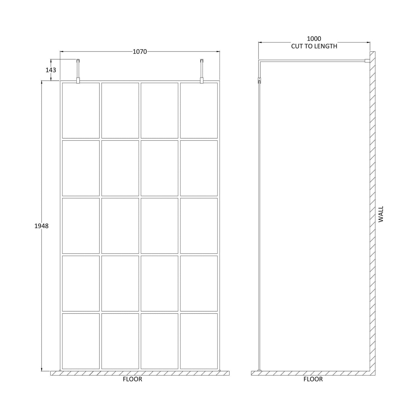 [BEFAF1100MB] Balterley Contemporary Bathroom 8mm Framed Wetroom Screen with Arms and Feet, Matt Black, 1950 x 700 x 14mm - Technical Drawing