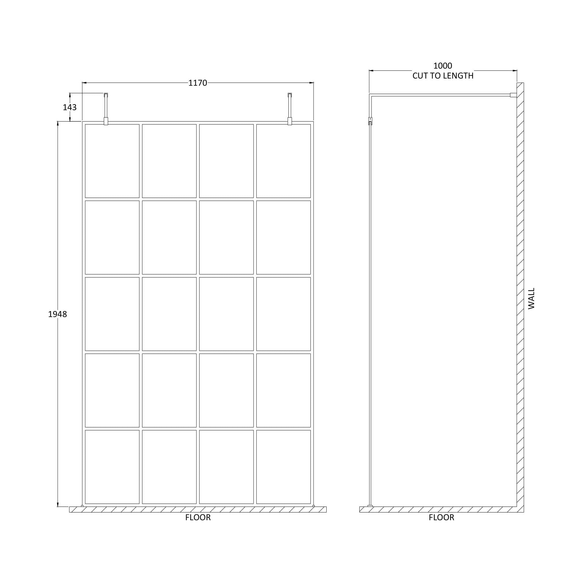 [BEFAF1200MB] Balterley Contemporary Bathroom 8mm Framed Wetroom Screen with Arms and Feet, Matt Black, 1950 x 700 x 14mm - Technical Drawing