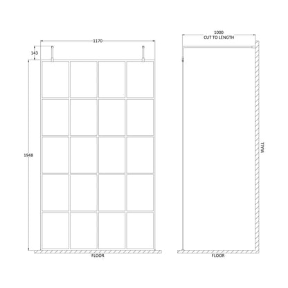 [BEFAF1200MB] Balterley Contemporary Bathroom 8mm Framed Wetroom Screen with Arms and Feet, Matt Black, 1950 x 700 x 14mm - Technical Drawing
