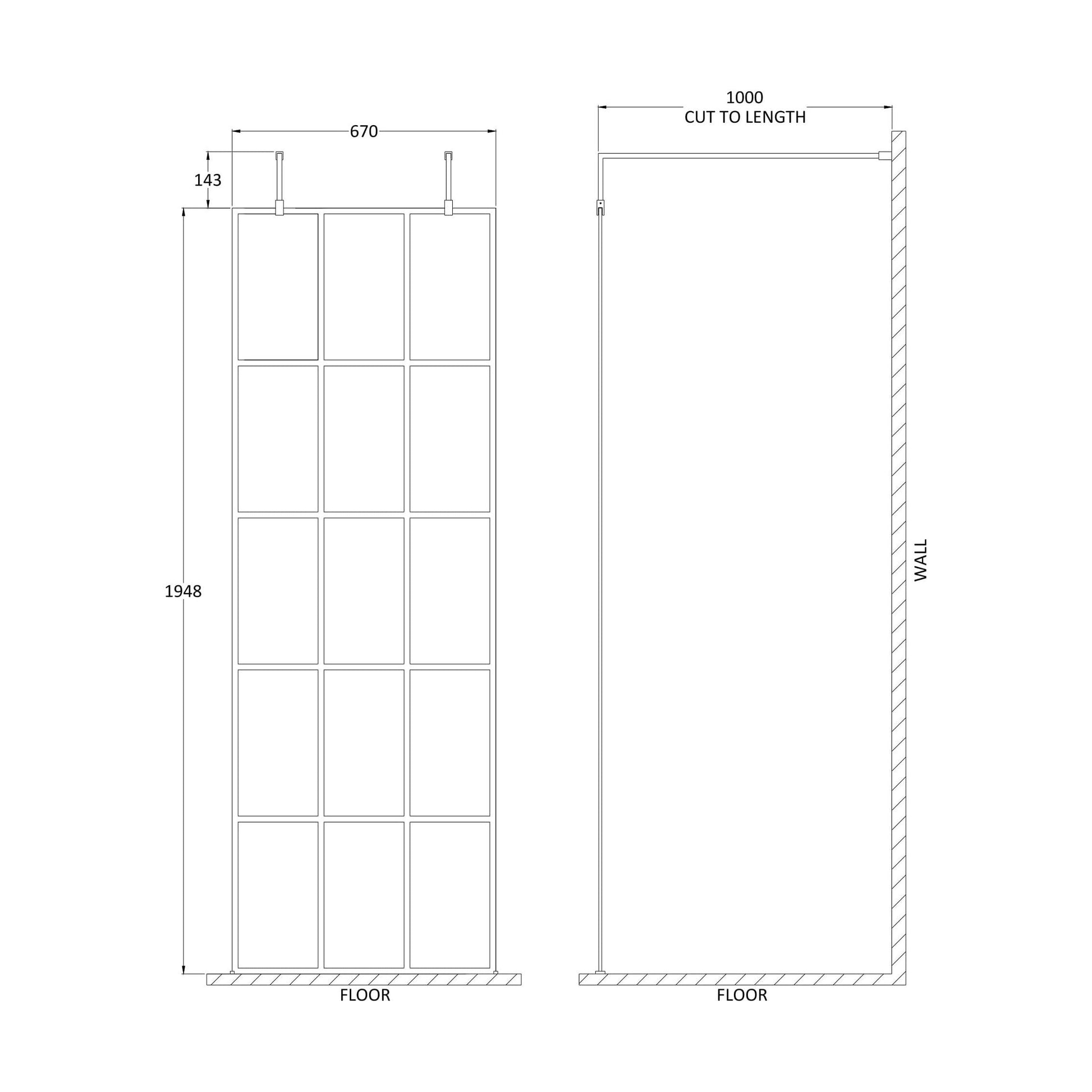 [BEFAF700MB] Balterley Contemporary Bathroom 8mm Framed Wetroom Screen with Arms and Feet, Matt Black, 1950 x 700 x 14mm - Technical Drawing