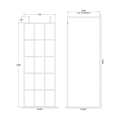 [BEFAF760MB] Balterley Contemporary Bathroom 8mm Framed Wetroom Screen with Arms and Feet, Matt Black, 1950 x 700 x 14mm - Technical Drawing