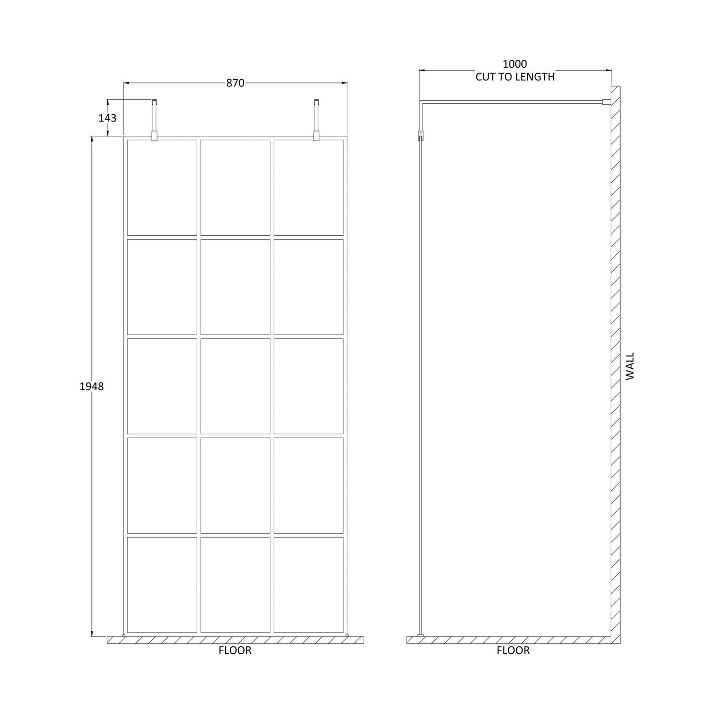 [BEFAF900MB] Balterley Contemporary Bathroom 8mm Framed Wetroom Screen with Arms and Feet, Matt Black, 1950 x 700 x 14mm - Technical Drawing