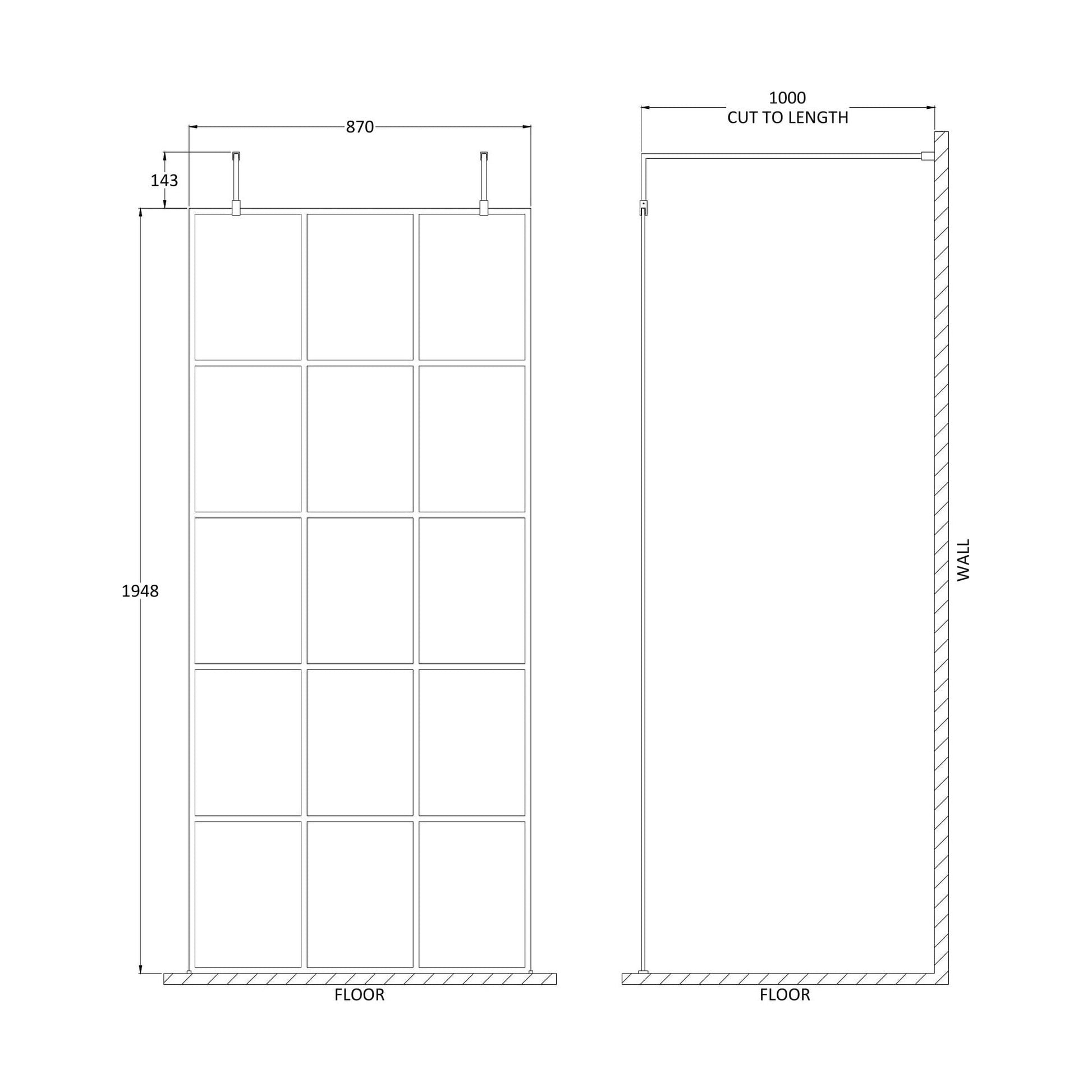 [BEFAF900MB] Balterley Contemporary Bathroom 8mm Framed Wetroom Screen with Arms and Feet, Matt Black, 1950 x 700 x 14mm - Technical Drawing