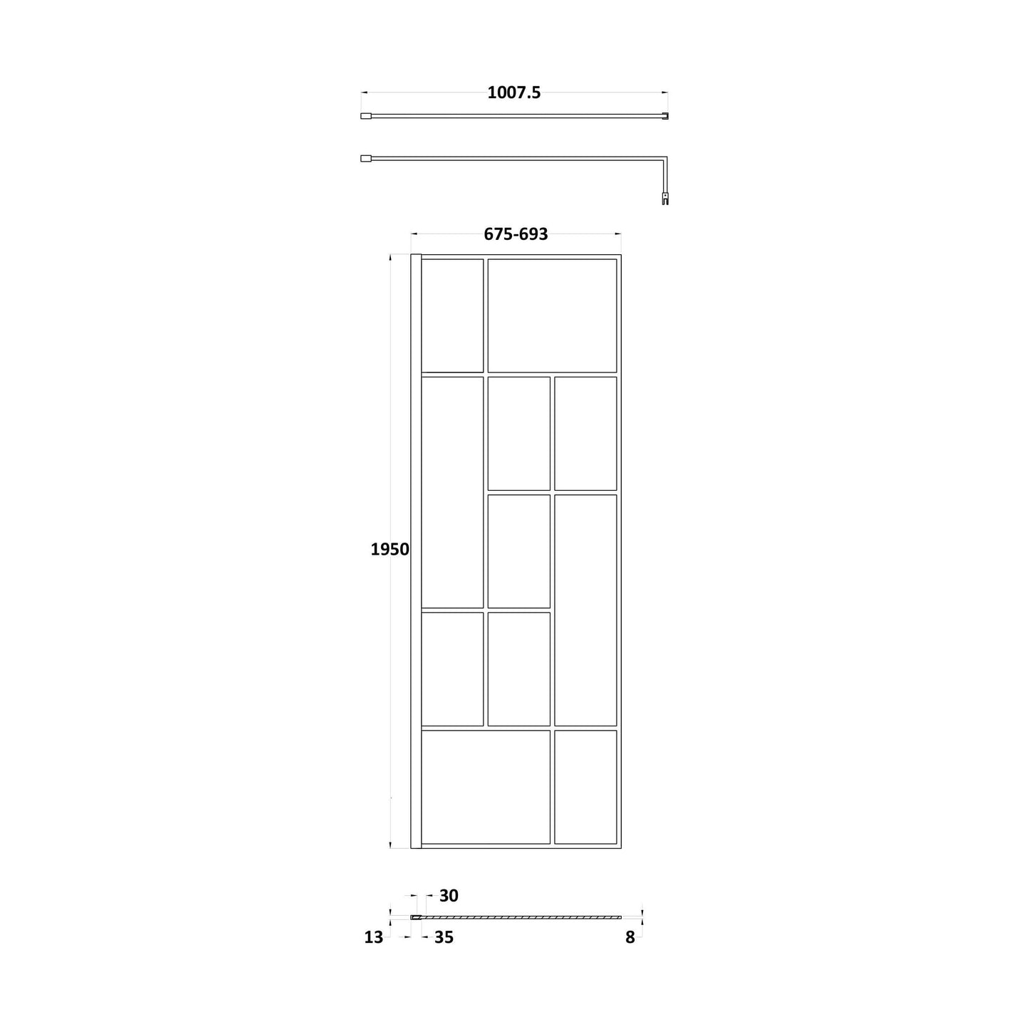 [BEFB070] Balterley Contemporary Bathroom Abstract Frame Design 8mm Glass Wetroom Screen, 1950 x 700 x 14mm, Matt Black - Technical Drawing