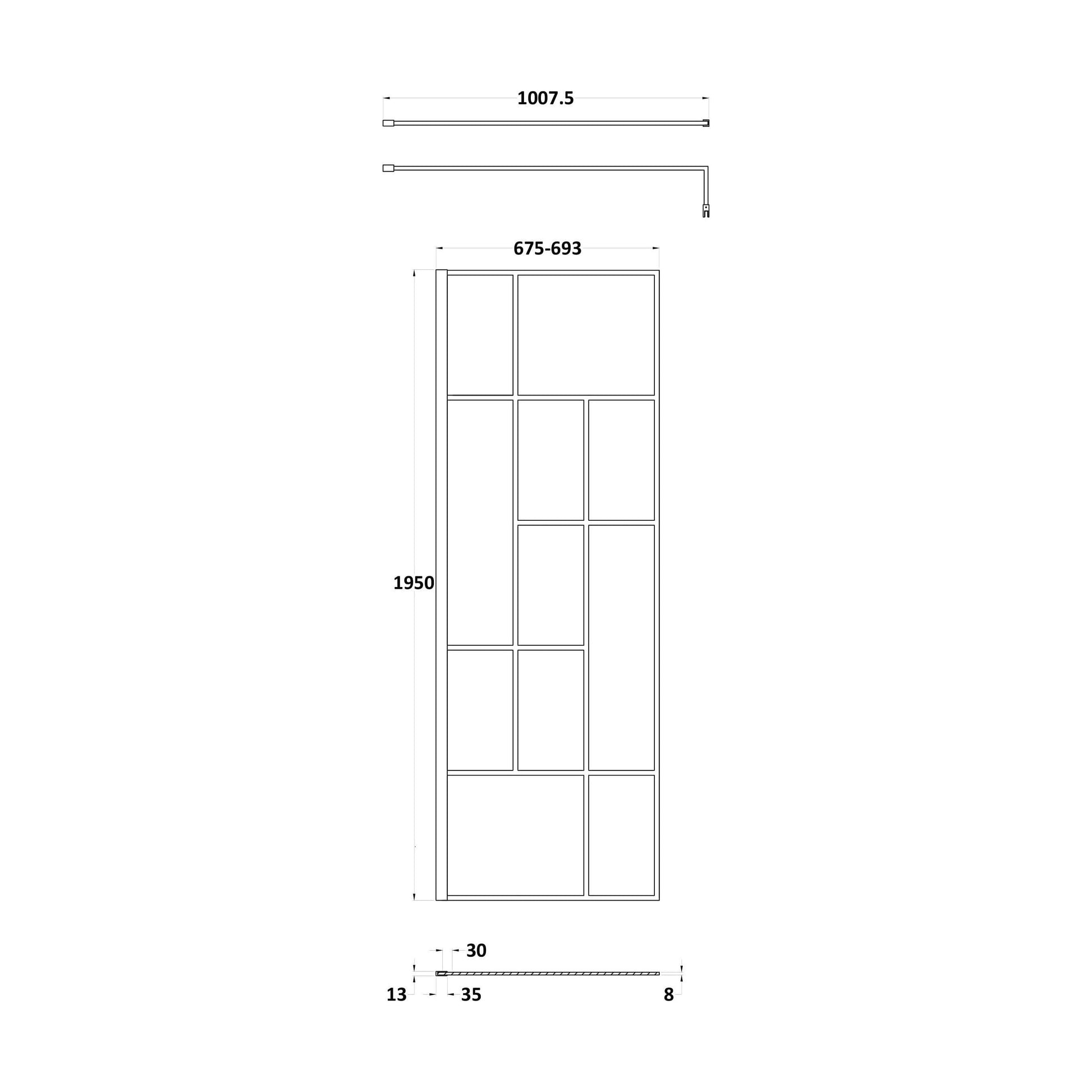 [BEFB070] Balterley Contemporary Bathroom Abstract Frame Design 8mm Glass Wetroom Screen, 1950 x 700 x 14mm, Matt Black - Technical Drawing