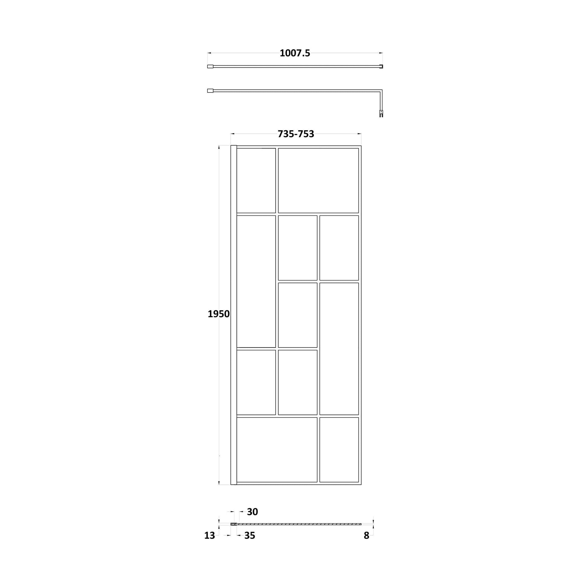 [BEFB076] Balterley Contemporary Bathroom Abstract Frame Design 8mm Glass Wetroom Screen, 1950 x 700 x 14mm, Matt Black - Technical Drawing
