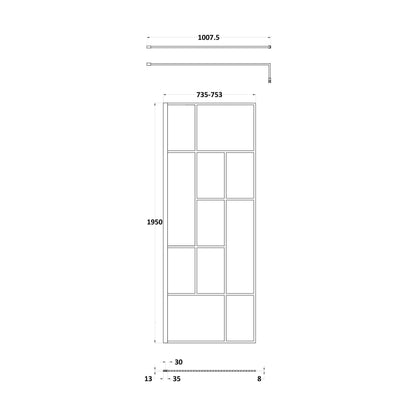 [BEFB076] Balterley Contemporary Bathroom Abstract Frame Design 8mm Glass Wetroom Screen, 1950 x 700 x 14mm, Matt Black - Technical Drawing
