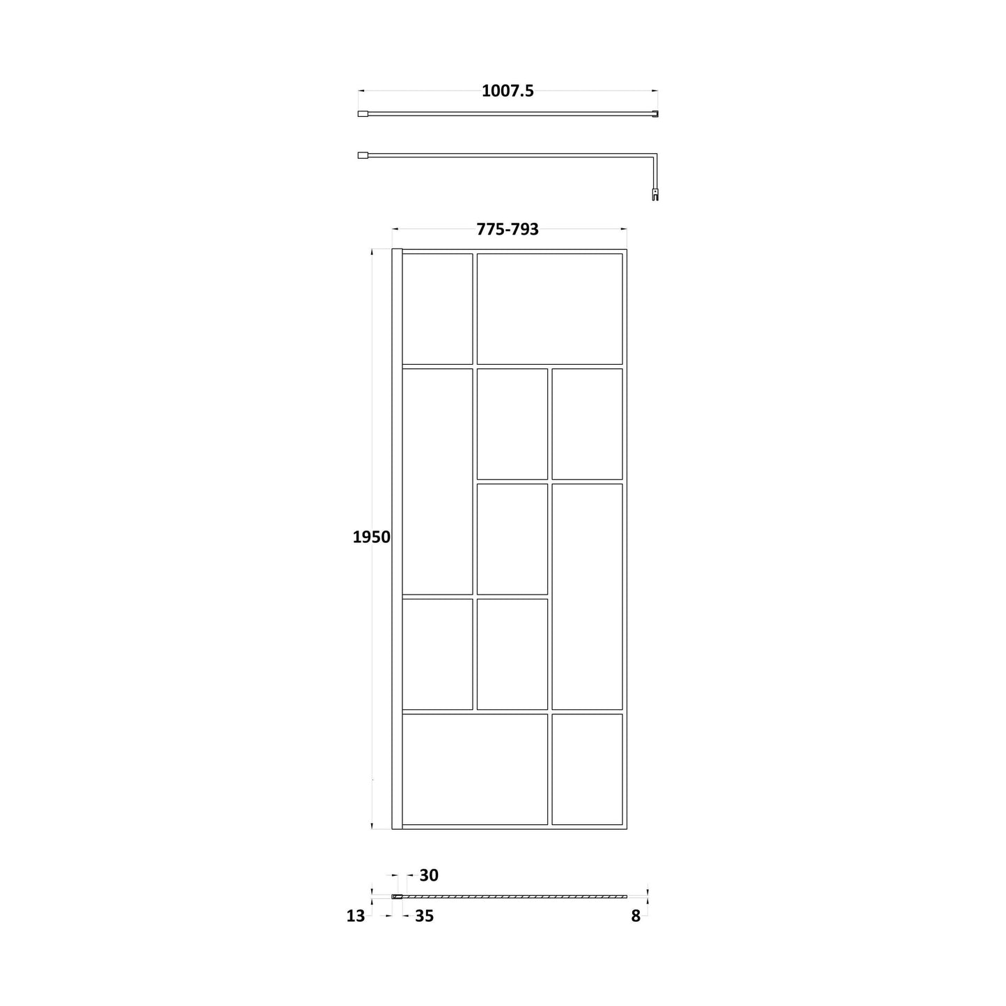 [BEFB080] Balterley Contemporary Bathroom Abstract Frame Design 8mm Glass Wetroom Screen, 1950 x 700 x 14mm, Matt Black - Technical Drawing